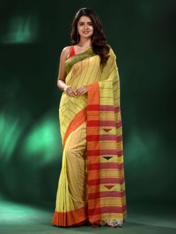CHARUKRITI - Lime Green Handspun Cotton Handwoven Saree with Unstitched Blouse