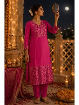 SMRITI GUPTA - Fuchsia Chanderi and Brocade Kurta with Pant