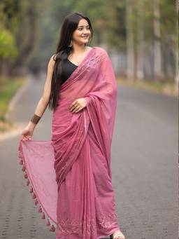 Aparna - Dusty Pink Mul Cotton Saree with Golden Scalloped Embroidery for Women