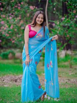 Aparna - Sky Blue Pure Cotton Saree with Lotus Embroidery