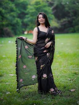 Aparna - Black Pure Cotton Saree with Pink Lotus Embroidery