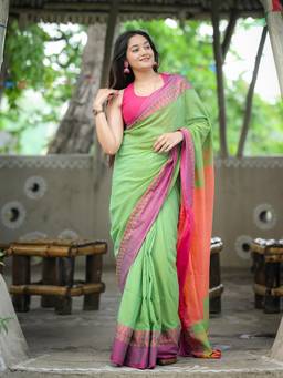 Aparna - Parrot Green Pure Cotton Saree with Pink Woven Border