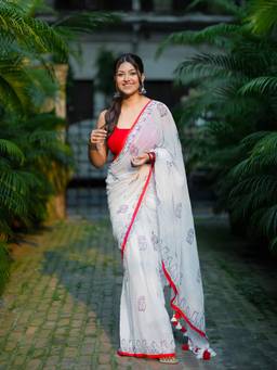 Aparna - White Pure Cotton Saree with Quirky Cat Print and Red Border