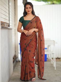 Aparna - Rust Brown Pure Cotton Saree with Black Polka Dots