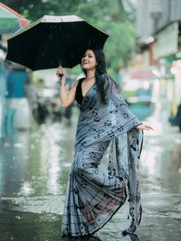 Aparna - Grey Pure Cotton Saree with Quirky Panda Print