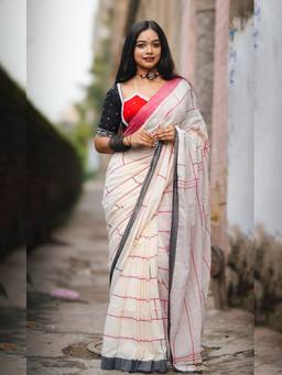 Aparna - Off White Pure Cotton Saree with Red Stripes and Grey Border