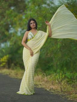 Aparna - Lemon Green Pure Cotton Saree with Green Space-Dyed Stripes