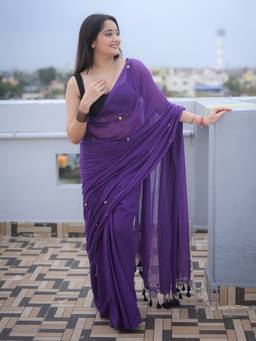 Aparna - Purple Pure Cotton Saree with Golden Coin Buti