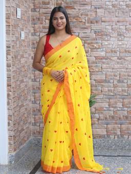Aparna - Yellow Pure Cotton Saree with Red Heart Motifs and Orange Border