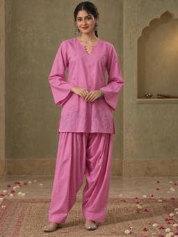 QAZMI - Women's Pink Pure Cotton Aari Embroidered Short Kurta with Farshi Salwar Set