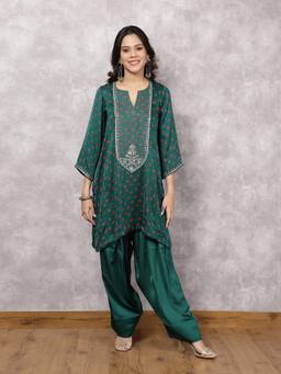 Spring Soul - Green Bandhani Suit Set with Hand Embroidered Yoke