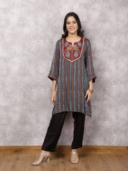 Spring Soul - Black Ajrakh Modal Suit Set with Hand-Embroidered Yoke