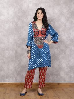 Spring Soul - Blue Bandhani Patchwork Yoke with Ajrakh Pants Set