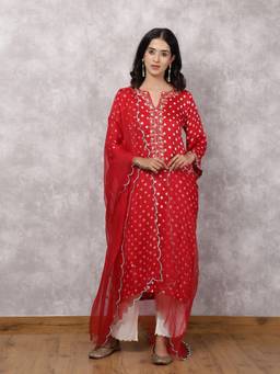 Spring Soul - Red Bandhani Hand Embroidered and Dori Work Suit Set with Dupatta