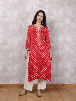 Spring Soul - Red Bandhani Hand Embroidered and Dori Work Suit Set