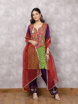 Spring Soul - Multicolour Bandhani and Ajrakh Hand Embroidered Suit Set with Dupatta
