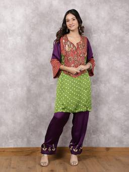 Spring Soul - Multicolour Bandhani and Ajrakh Hand Embroidered Suit Set