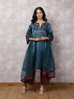 Spring Soul - Teal Mashru Hand Embroidered Kurta Set with Dupatta