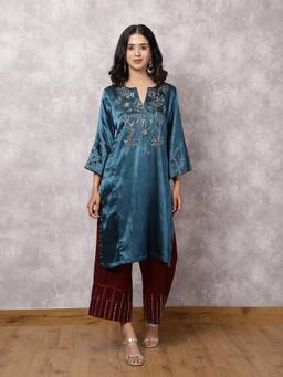 Spring Soul - Teal Mashru Hand Embroidered Kurta Set