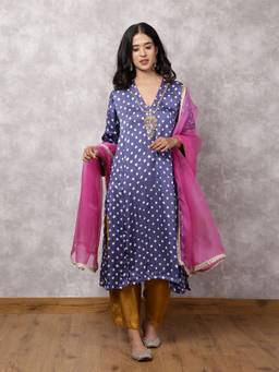 Spring Soul - Grey Bandhani Hand Embroidered Suit Set with Dupatta
