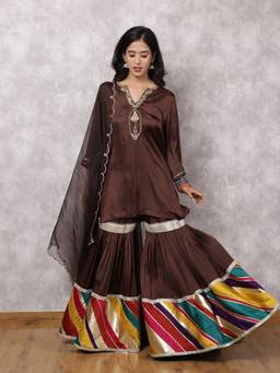 Spring Soul - Brown Modal Silk Hand Embroidered Sharara Set with Patchwork and Dupatta