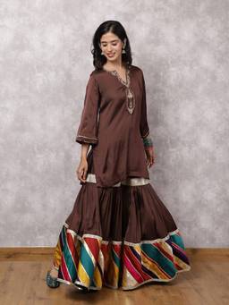 Spring Soul - Brown Modal Silk Hand Embroidered Sharara Set with Patchwork