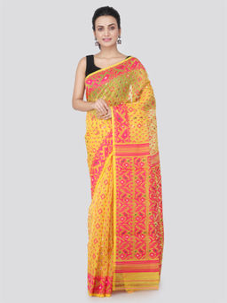 PinkLoom - Womens Cotton Saree with Unstitched Blouse-Yellow