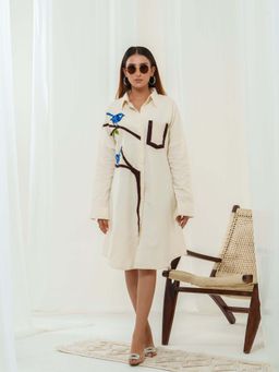 LABEL APURVA - Off White Handloom Birdie Bough Shirt Dress