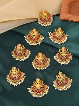 Yellow Chimes - 9 Pcs Gold-Plated Red Stone Pearl Choti Jadai Billai Bridal Hair Accessories