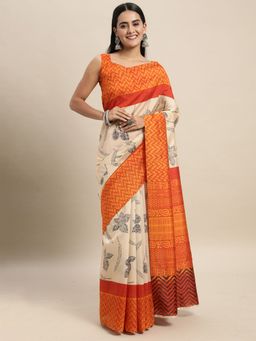 Odette - Bhagalpuri Silk Cream Printed Saree with Unstitched Blouse