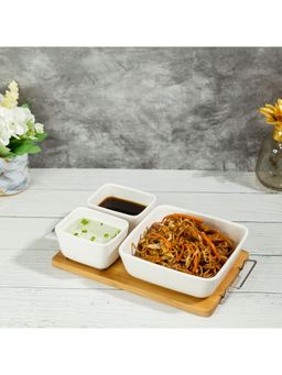 EZ Life - Poppy White 3 Ceramic Bowls Set on Wooden Tray