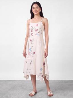 R&B - Women Off White Embroidered Strappy Assymetrical Hem Midi Dress