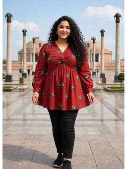 Miravan - Womens Plus Size Brown Animal Balloon Sleeves V Neck Butterfly Top