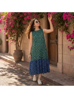 MANOJAVA - Green Womens Rayon Printed Dress