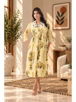 Zolo Label - Women Yellow Floral Printed A-Line Midi Dress
