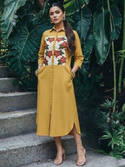 Zolo Label - Mustard Yellow Floral Embroidered Cotton Shirt Dress
