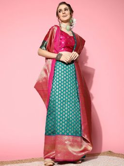 Sareemall - Womens Silk Blend Teal Woven Design Designer Saree with Unstitched Blouse
