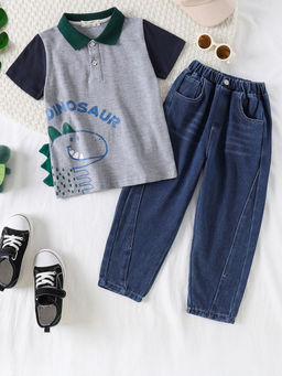Hopscotch - Boys Grey & Blue Dinosaur Print Polo T-Shirt & Jeans Set