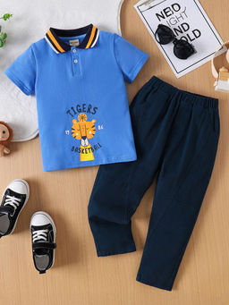 Hopscotch - Boys Royal Blue & Navy Tiger Print Polo T-Shirt & Jeans Set