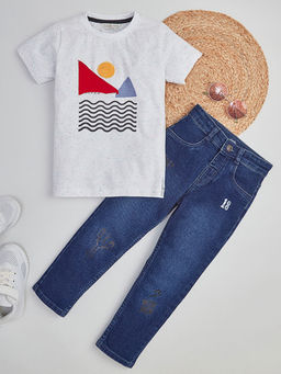 Hopscotch - Boys White & Blue Graphic & Text Print Embellished T-Shirt & Jean Set
