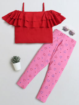 Hopscotch - Girls Red & Pink Heart Print Blouse & Leggings Set