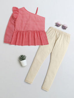 Hopscotch - Girls Red & Beige Checkered Blouse & Leggings Set