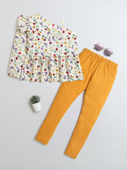 Hopscotch - Girls Cream & Yellow Floral Print Blouse & Leggings Set