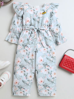 Hopscotch - Girls Blue Floral Print Bell Sleeve Jumpsuit