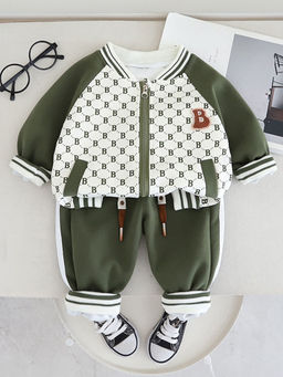 Hopscotch - Boys Olive & White Text Print Raglan Sleeve Jacket & Jogger Set