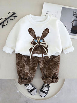Hopscotch - Boys White & Brown Checkered Sweatshirt & Jogger Set