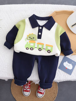 Hopscotch - Boys Navy & White Vehicle Print Sweatshirt & Jogger Set