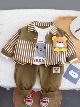 Hopscotch - Boys Olive Stripe Print Animal Applique Shirt, T-Shirt & Jogger Set