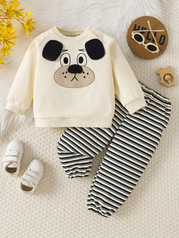 Hopscotch - Boys Cream Stripe Print Sweatshirt & Jogger Set with Dog Applique