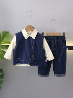 Hopscotch - Boys Navy & Beige Solid Shirt, Jacket & Jeans Set